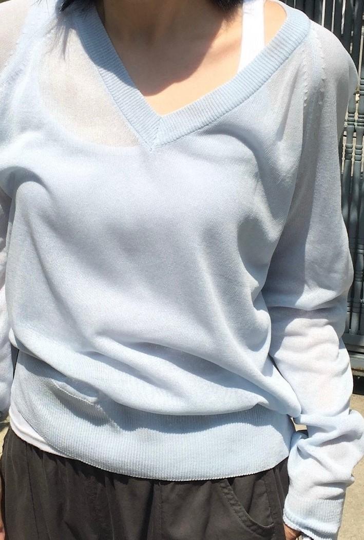 마드제이모우 웰로우 썸머브이나그랑니트 브이넥니트 여름긴팔니트 린넨니트