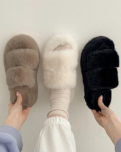 (당일출고/2cm,4cm) 더뷰 투 스트랩 통굽 털슬리퍼