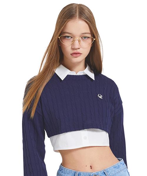 꽈배기 크롭 니트_네이비