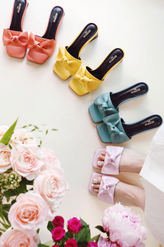 [부티크헤르원] COTTON CANDY Tie ribbon Slipper 코튼 캔디 리본 슬리퍼 샌들 20SS 핑크 옐로우 제이드 그린 살구