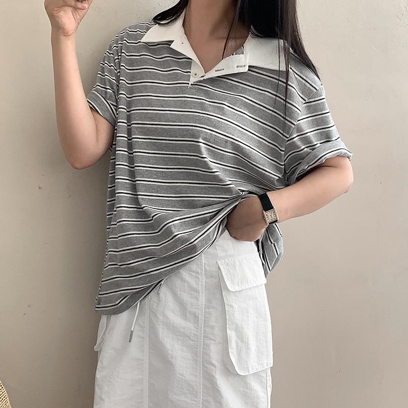 로렌하이 [데일리템🌴/캐주얼무드/여행룩]반프 스트라이프 카라 오버핏 반팔 티셔츠 - 3 color