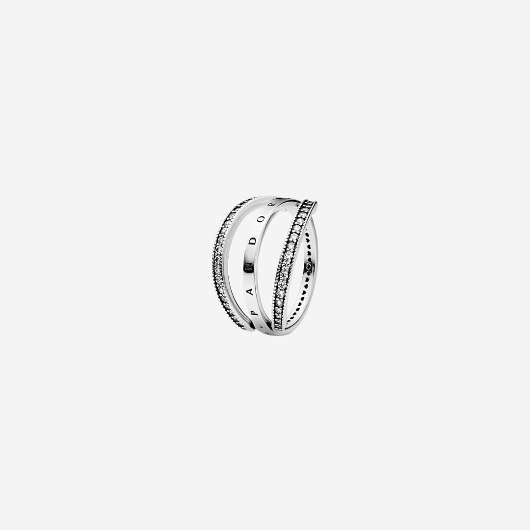 (W) Pandora Logo and Hearts Ring Sterling Silver Clear