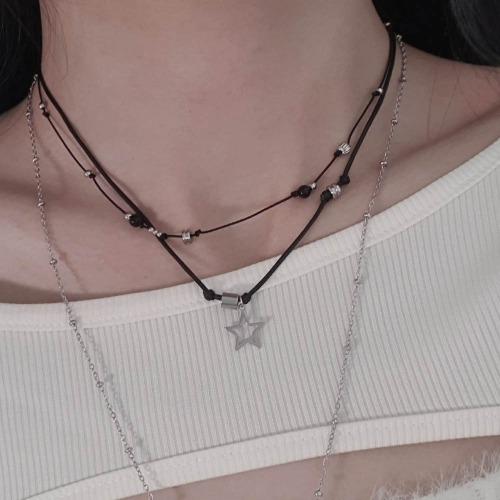 *made* 스타 레더 원석 끈 목걸이 세트 써지컬스틸 초커 언발 별 블랙 포인트 오닉스