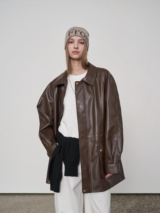 Oversized Leather Half Coat Brown