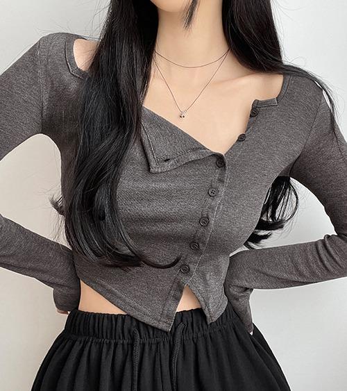 [기모선택✨여리핏🖤포인트t] 미닝 스퀘어넥 사선 단추 버튼 언발 트임 긴팔 크롭 티셔츠 t (4color)