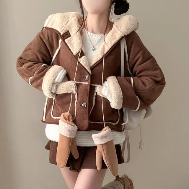 [양털안감!] 브라운더 양털 배색 스웨이드 양털 후드 무스탕