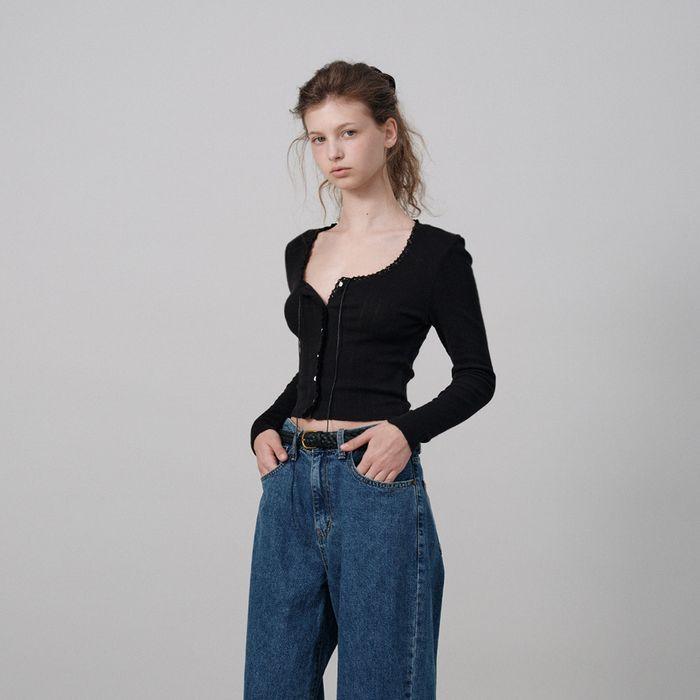 Ravioli Lace-Trim Button-Up Top_Black