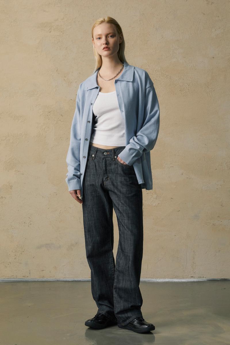 세미와이드 새틴 스트라이프 생지 데님 팬츠 INDIGO