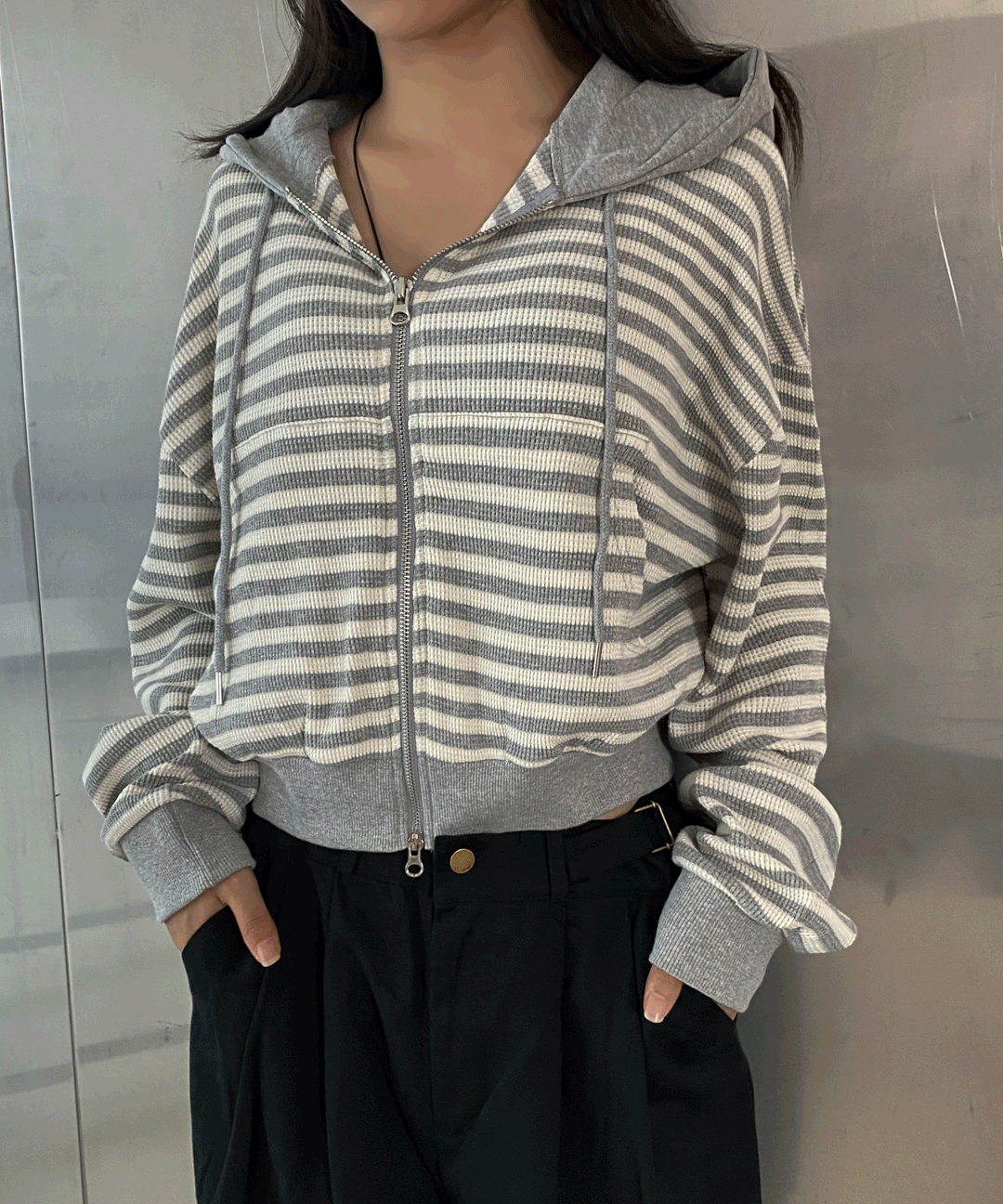 호린 스트라이프 와플 크롭 후드 집업