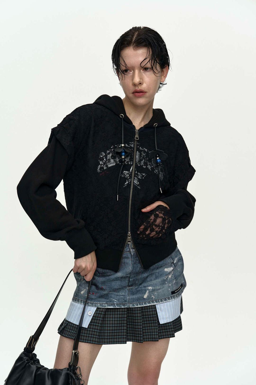 LACE LAYERED HOOD ZIP UP atb1486w(NAVY / BLACK)
