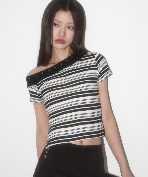 원숄더 스터드 스트라이프 탑 블랙 아이보리