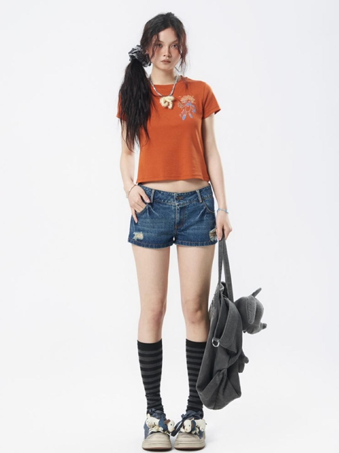 ABOUT GIRL Cat Beard Denim Shorts