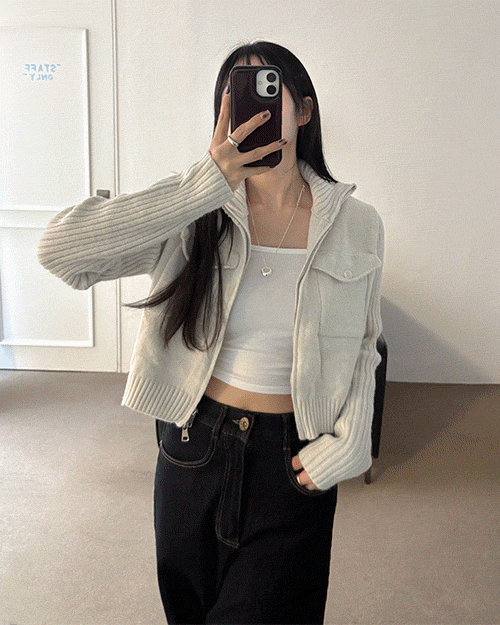 [주문폭주] 티어 하이넥 울 크롭 포켓 집업 가디건 (2color)