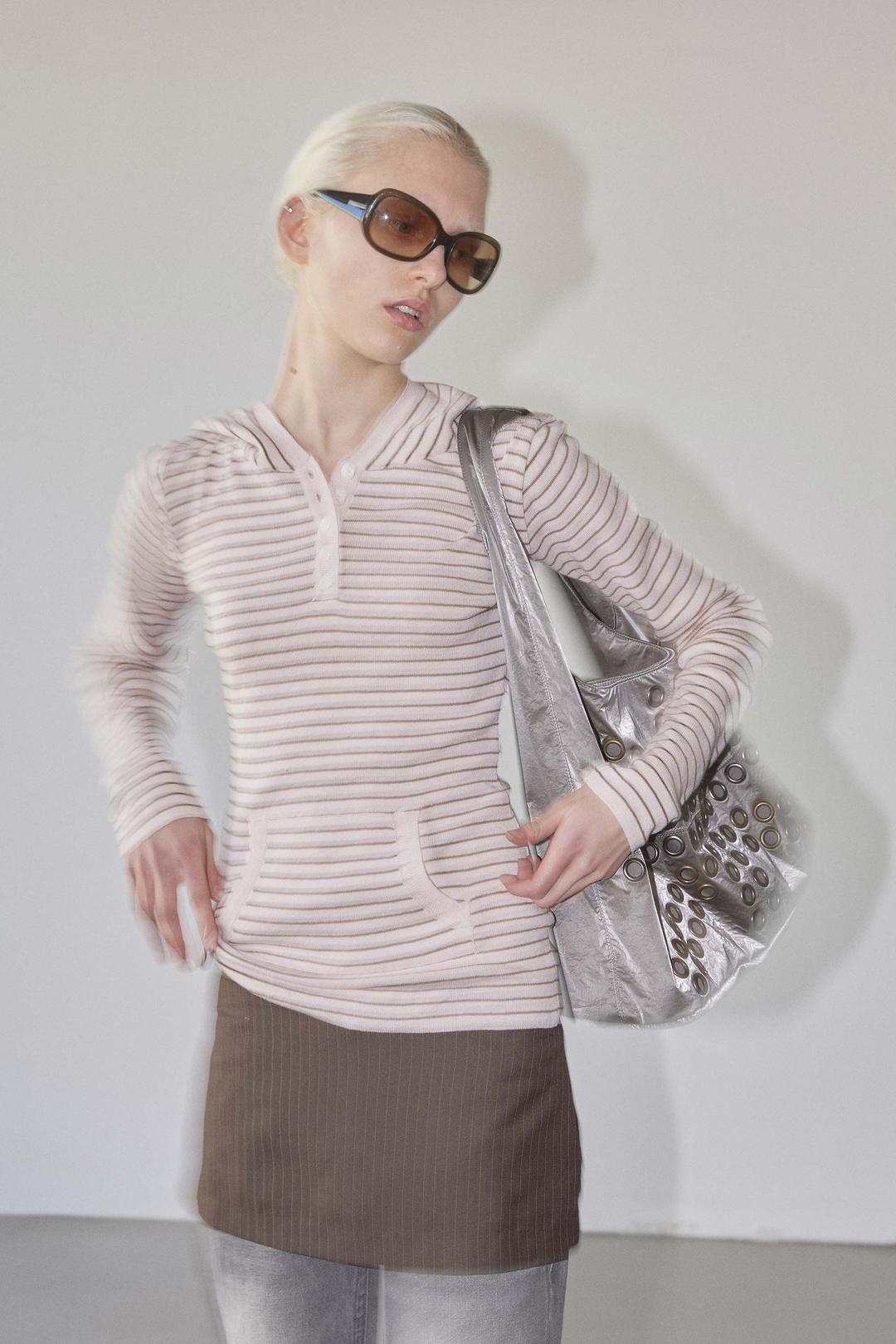 Knitted Stripe Hoodie Pink/Brown