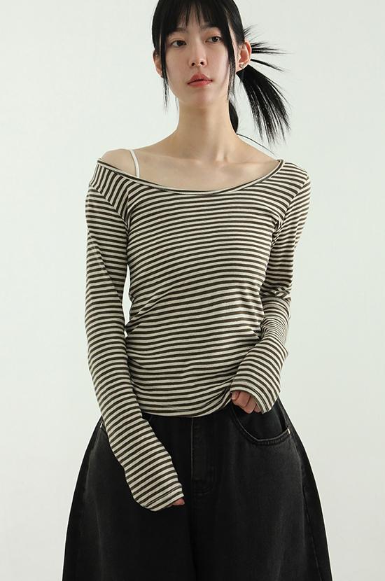 로컬맨션 boat neck stripe tee