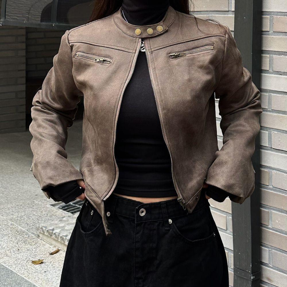 y2k 노카라 바이커 워싱 레더 자켓
