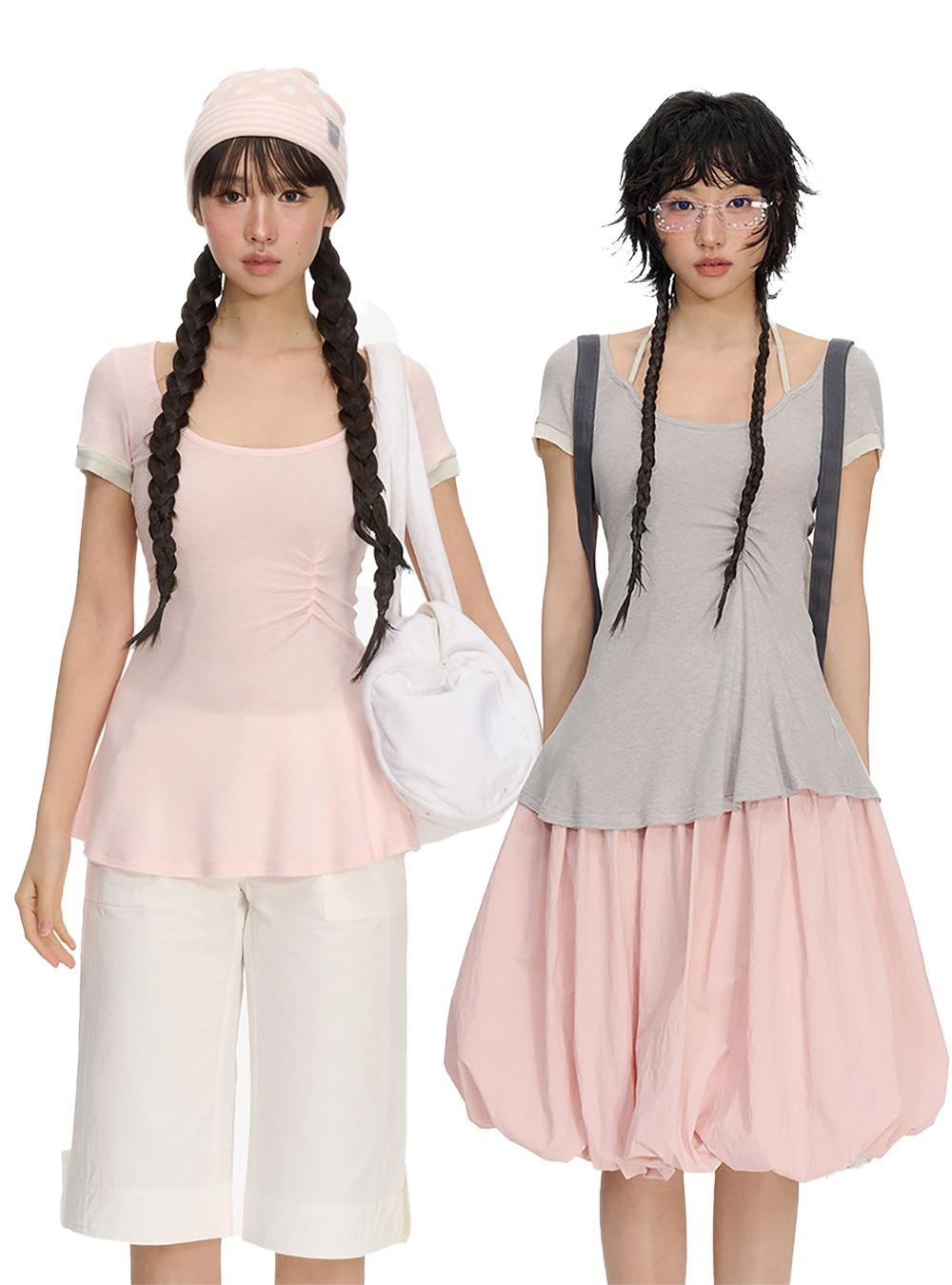 Two-Tone Halter Pleated Flare Top (2color)