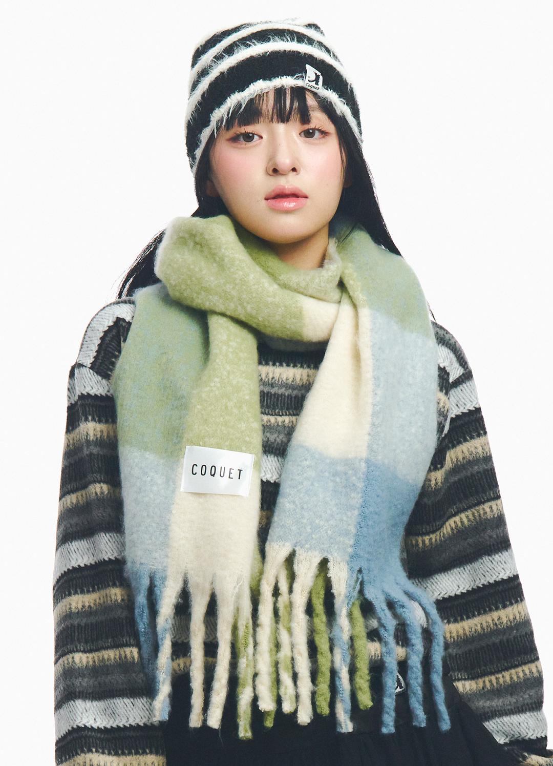 FRINGED BRUSHED CHECK LONG MUFFLER OLIVE GREEN