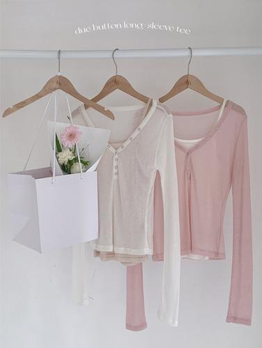 유리에 듀이 버튼 긴팔 tee - 3 color (여름긴팔/단추티/시스루/레이어드/꾸안꾸/데일리/살안타템)