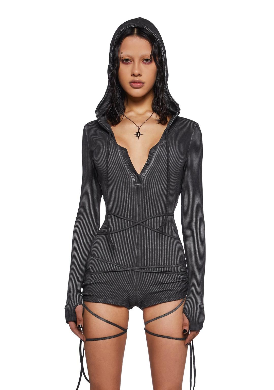 Crossfade Hooded Long Sleeve Romper - Black - BLACK / XX-Small