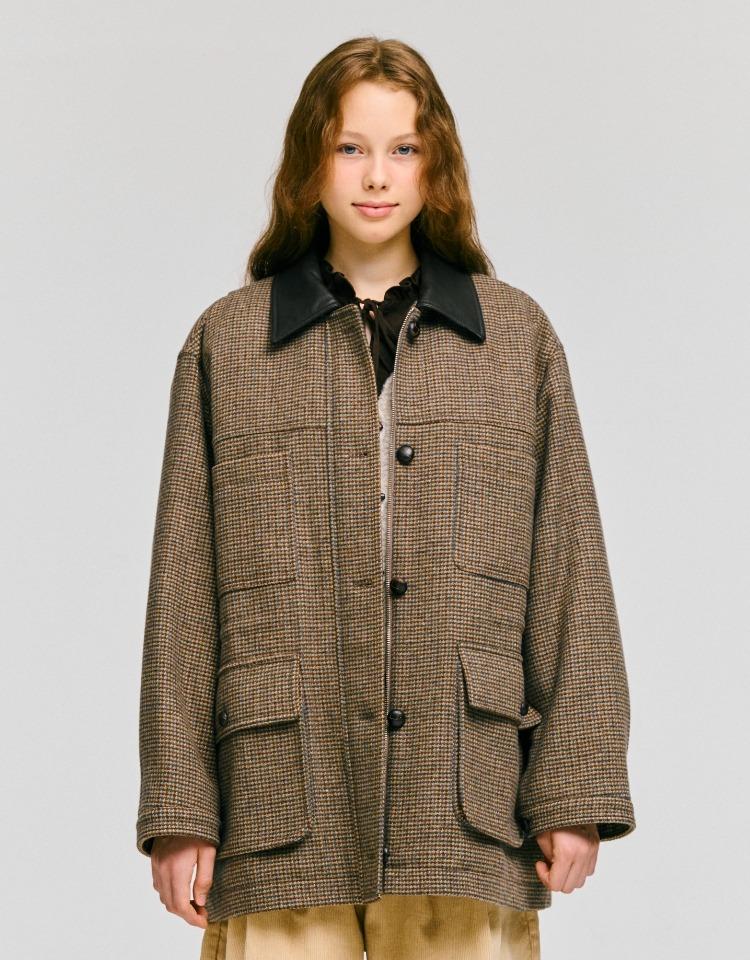 check string padded work jacket - brown