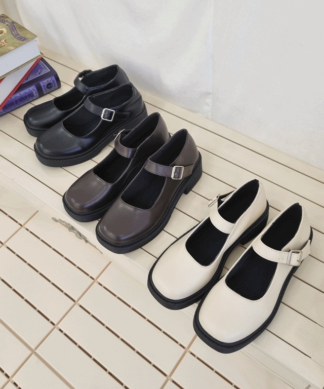 [당일발송] 스퀘어토 스트랩 반도 통굽 메리제인 로퍼 단화 4cm