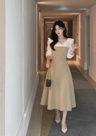 [주문폭주/하객룩 1등] [단독] 테라즈 배색 플레어 원피스(S~L)