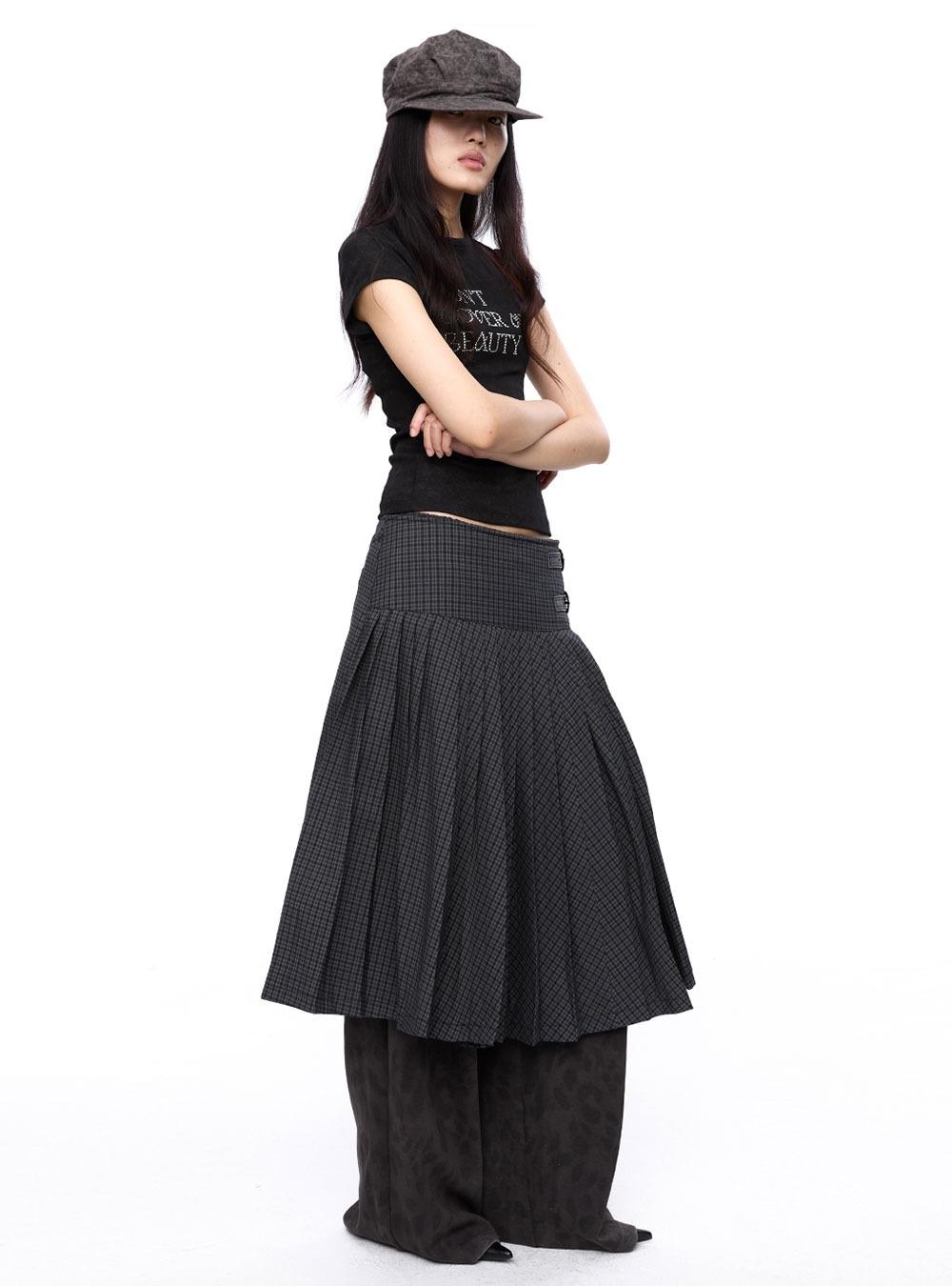 Button checkered pleats wide skirt