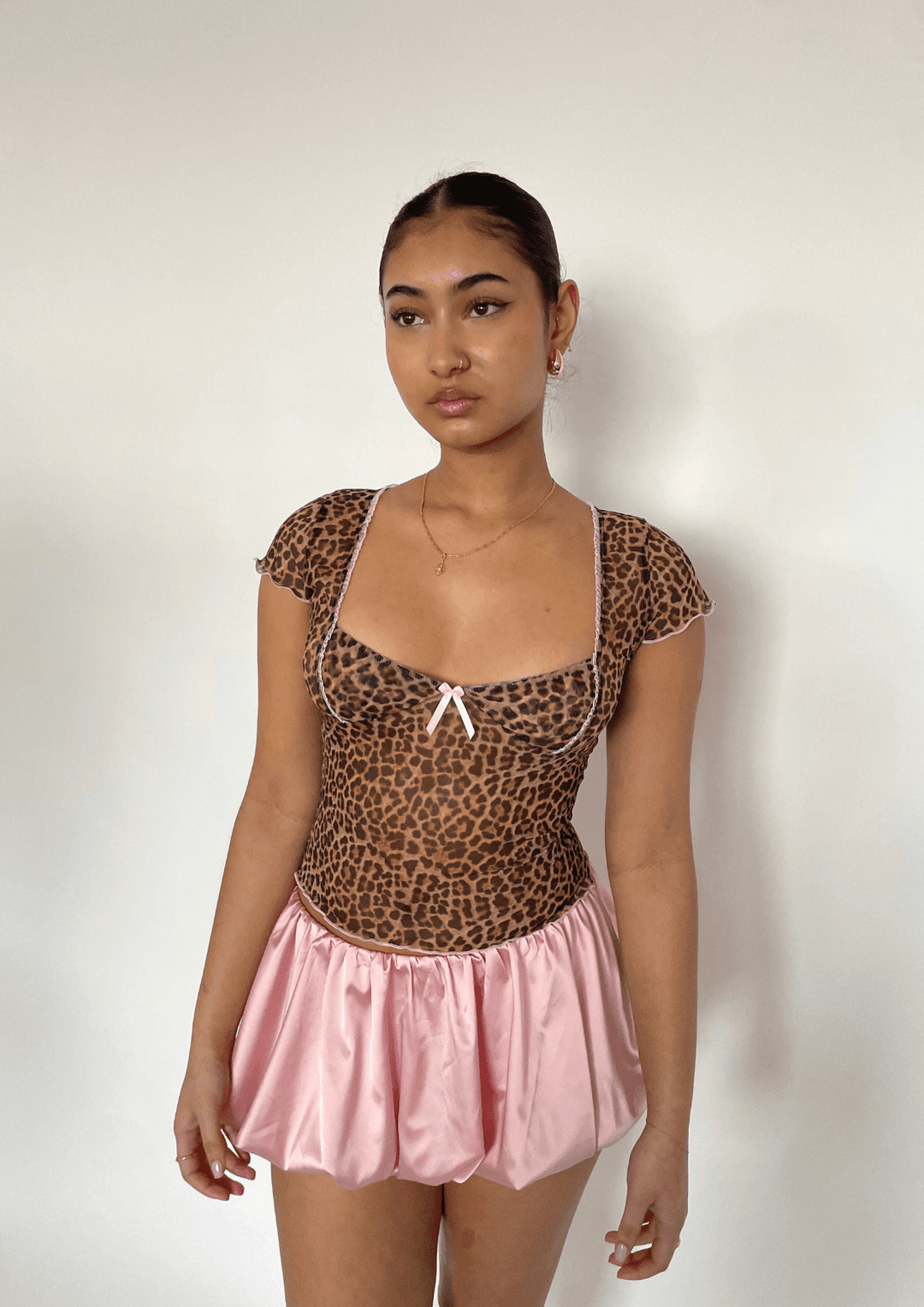 Cap Sleeve Top In Leopard Mesh With Bow Detail