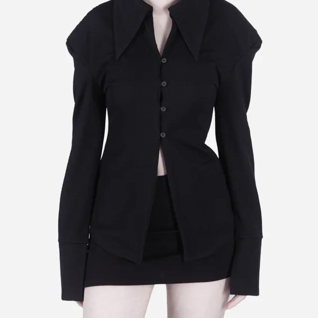 빅카라블라우스 와이드숄더 트임 어깨패드 커프스셔츠