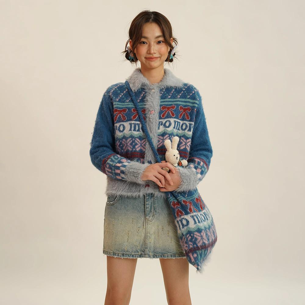 MOROMORO2 퍼라인 패턴 니트 퍼 자켓 여성코디 캐주얼재킷 니트집업 가디건