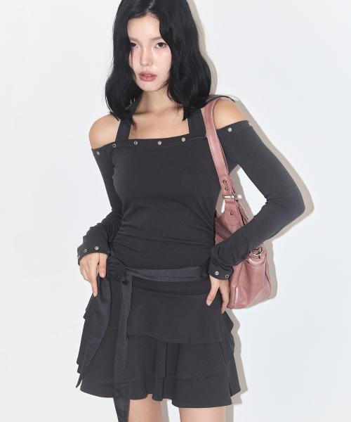 플레어 아일렛 오프숄더 원피스 차콜