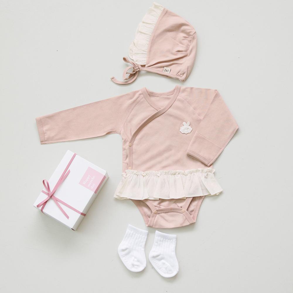 2024 F/W NEW 메르베 뽀글래빗 세트 사계절 출산 선물 세트 (리뉴얼 배내바디슈트+모자+골지양말)