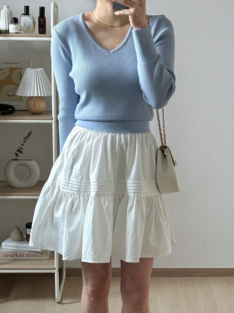 골지 브이넥 봄 여자 슬림 니트 티 (아이보리 소라 그레이 블랙) : 윤립스