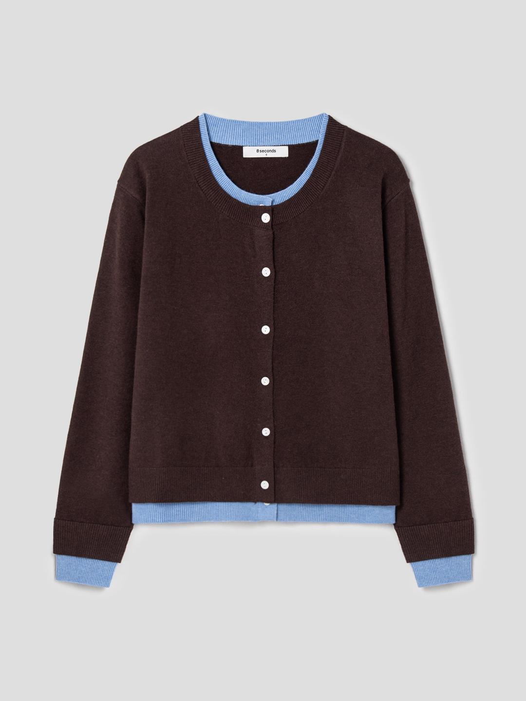 레이어드 덧장 카디건 - 브라운