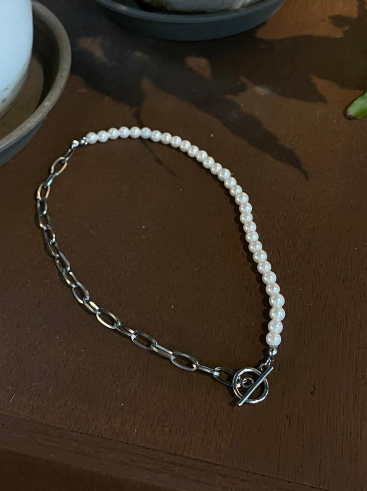 [Half Silver Necklace] 진주 실버 토글바 목걸이
