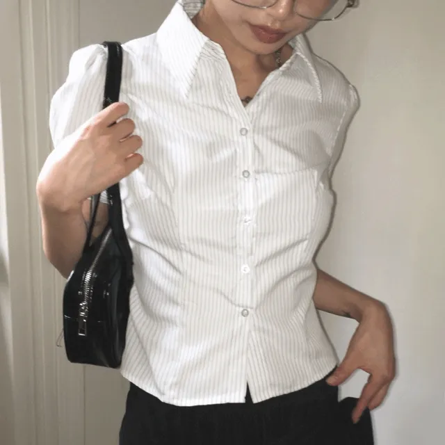 르팟 슬림 스트라이프 퍼프 반팔 셔츠