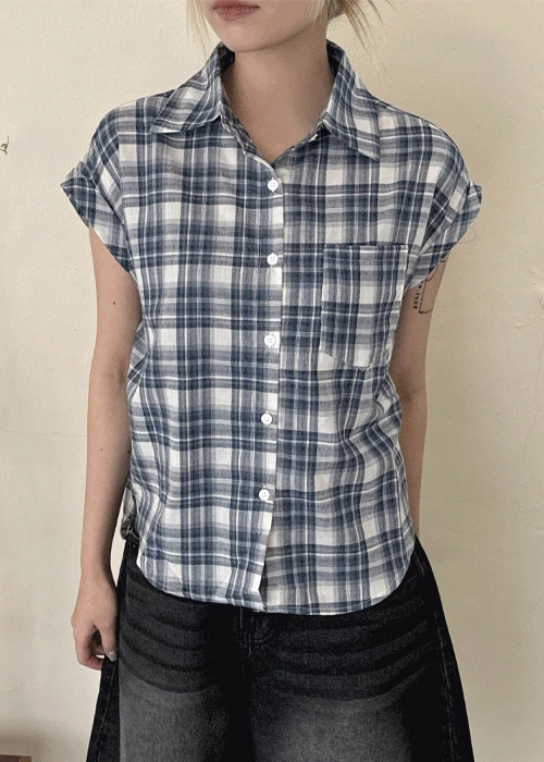 하치 체크 라운드 반소매 셔츠