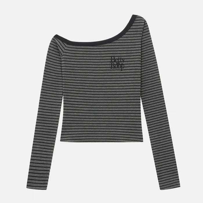 베티붑 스트라이프 원숄더 긴팔 티셔츠_그레이