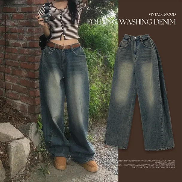 *롱기장*[왕골반보장] 왕골반 폴딩 롱 와이드데님 폴딩데님팬츠