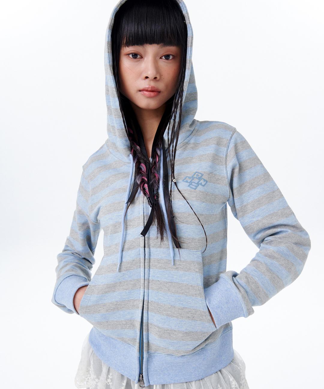 STRIPE ZIP UP HOODIE [SKY BLUE]