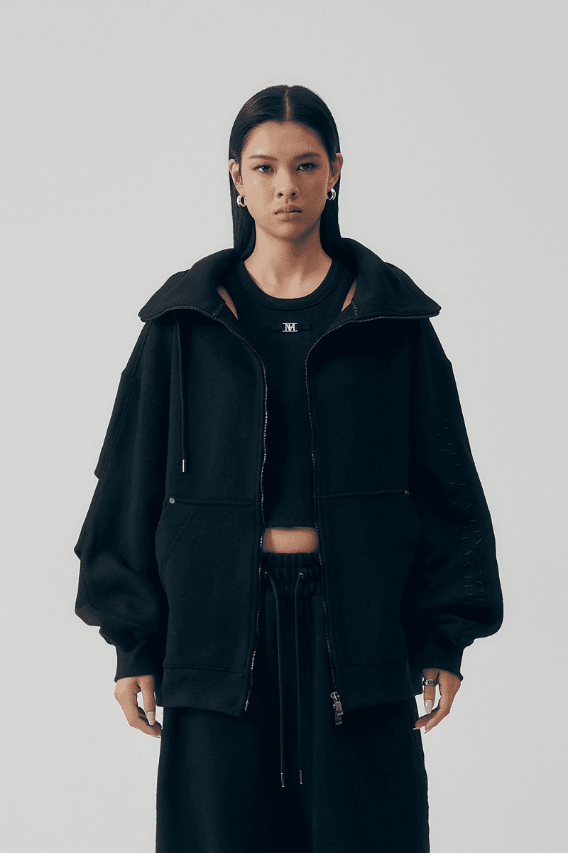 Double-Tucked Set-up Hoodie Zip-up [ Black ]