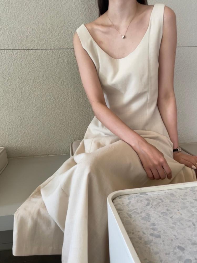 프렌체 린넨원피스 민소매 라운드넥 나시 a라인 루즈핏 롱원피스 여성 여름 롱원피스