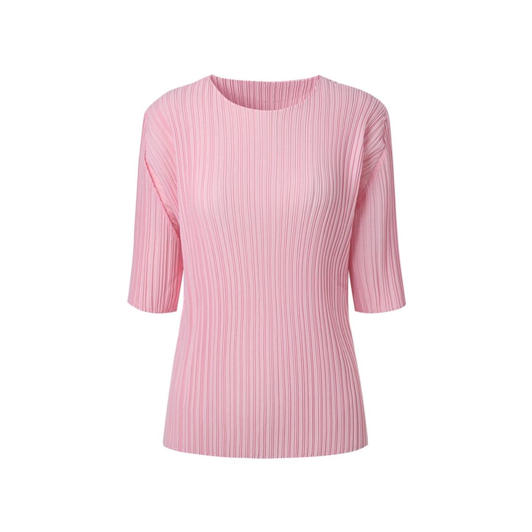 [여자] 라운드넥 반소매 플리츠 탑 [핑크]
