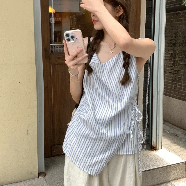여름준비 언발란스 랩 리본끈 스트라이프 민소매 블라우스