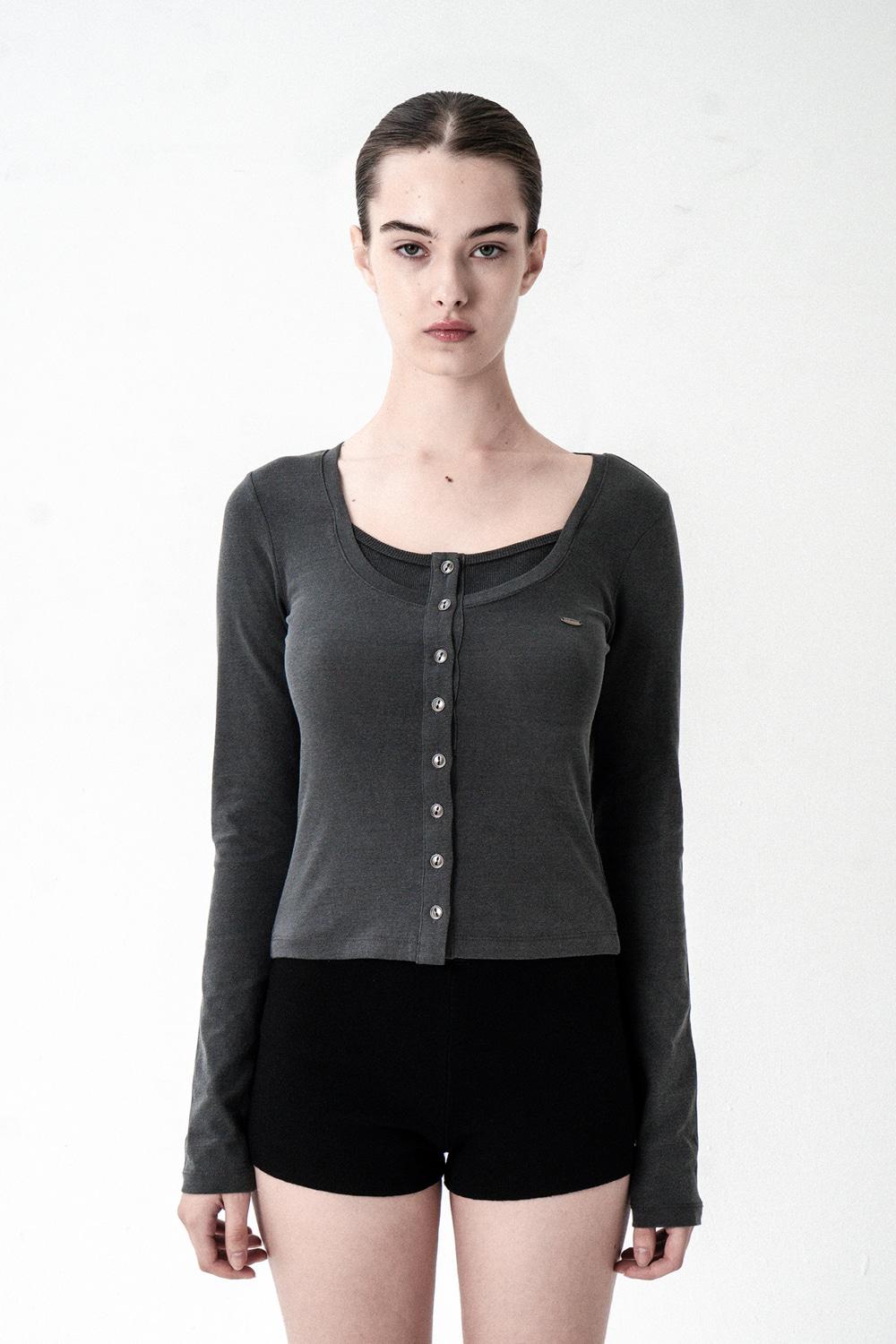 LAYERED NECK BUTTON CARDIGAN CHARCOAL