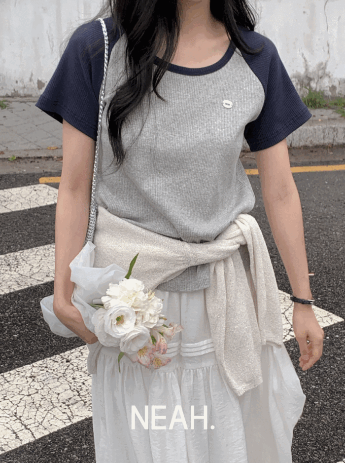 98도씨 [신상할인/포인트✨][NEAH] 보이드 래글런 배색 반팔T (나그랑티)