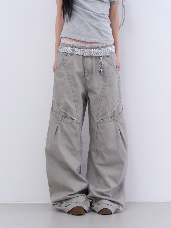 frayed pocket panel wide pants