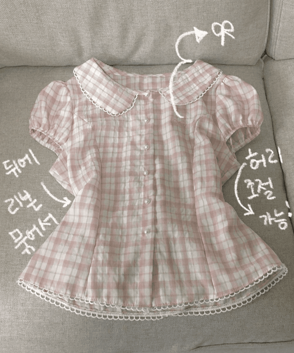 쿠니브 [허리조절가능] 리본 자수 핑크 체크 반팔 셔츠 블라우스