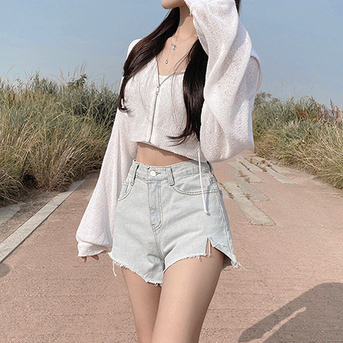 ( 여름후드집업, 여리꾸안꾸! ) 루즈핏 벌룬소매 썸머 시스루 니트 크롭후드집업